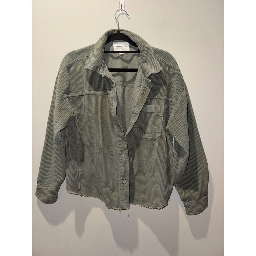 Aeropostale Womens Sage Green Corduroy Raw Hem Button Up Jacket Large (160)